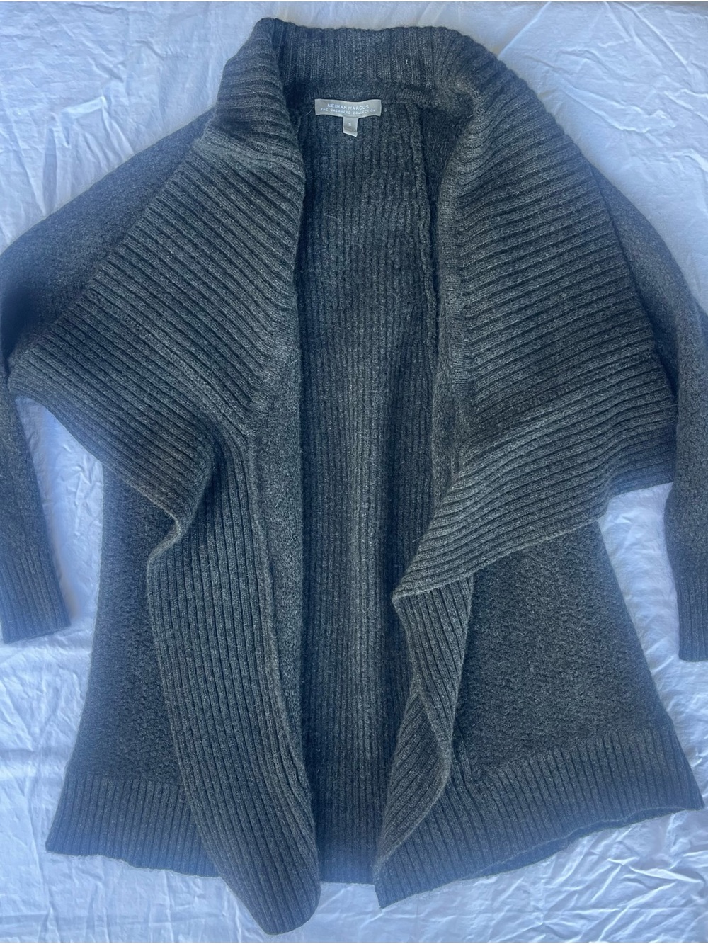 Neiman Marcus Charcoal Ribbed Shawl Collar Open Cardigan